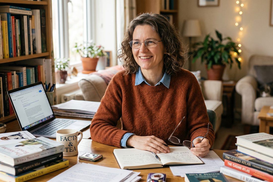 Miss Julia Taylor at her desk reviewing UK casino sites