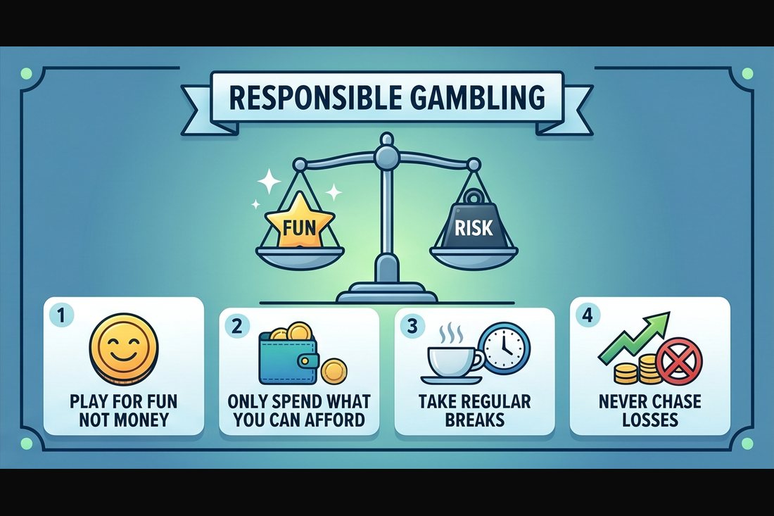 Responsible gambling — balance Fun and Risk. Four habits: play for fun not money, only spend what you can afford, take regular breaks, never chase losses.