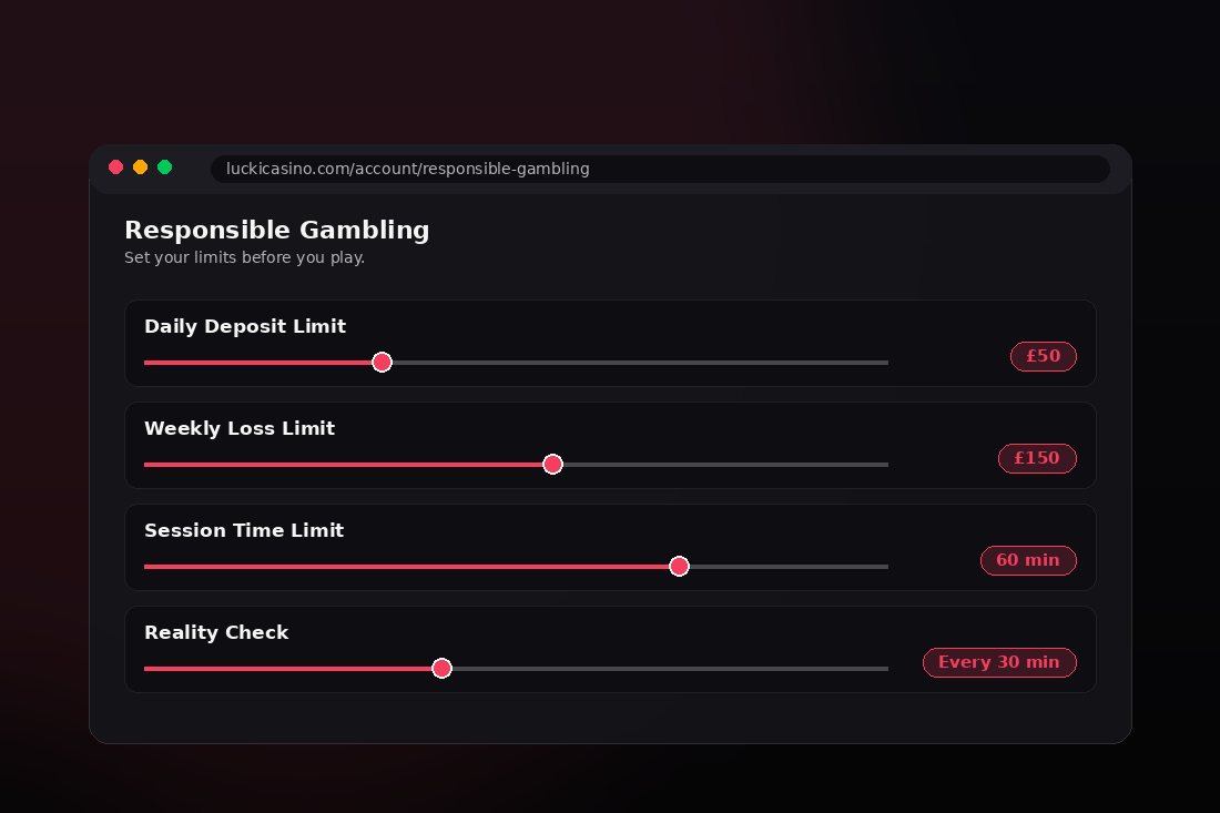 Sample casino Responsible Gambling settings panel with limits and timers